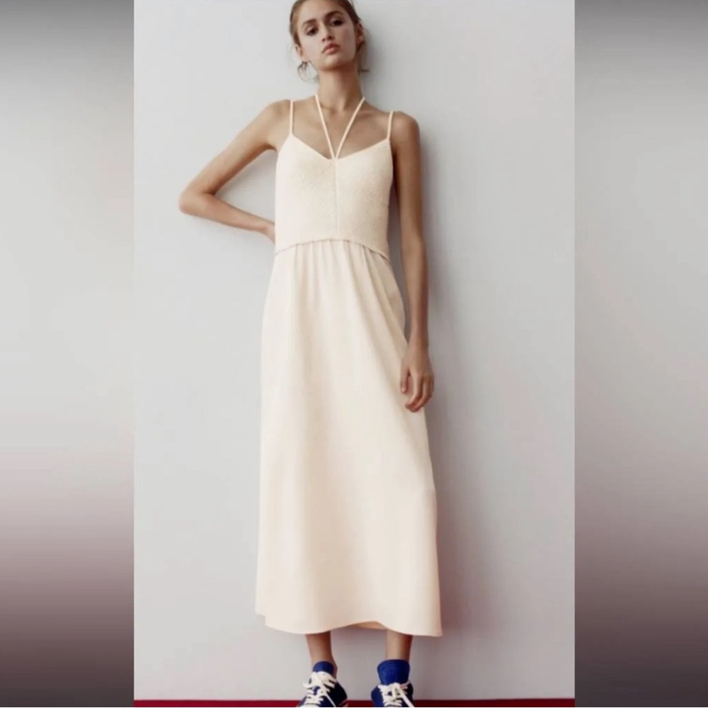 Zara Beach knitted Beige Midi Dress Spaghetti Strap Cross Back Crochet Size M